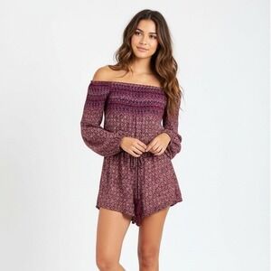Anna Grace Off the Shoulder Romper Size M Purple Floral Long Sleeve Boho Hippie